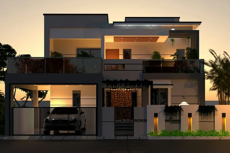 Two-storey modern house at dusk with a cantilevered upper floor, warm interior lighting and a car in the front porch.